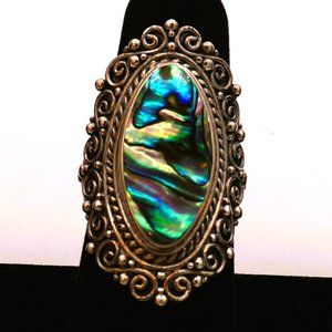 Vintage Samuel B Huge Oval Abalone Heavy Ornate Silver Ring Size 8.25
